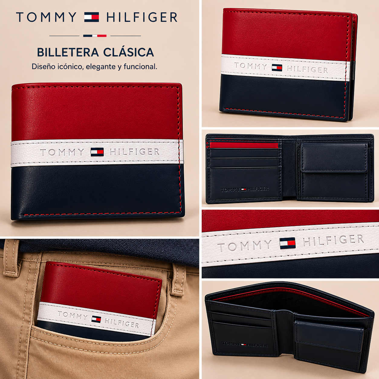 Billetera TH 3 colores hombre cuero