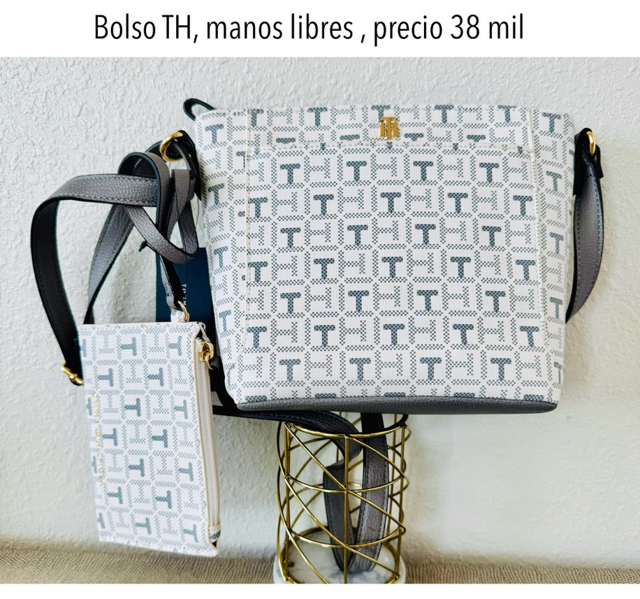 Bolso Manos Libres TH blanco gris estampado con monedero mujer