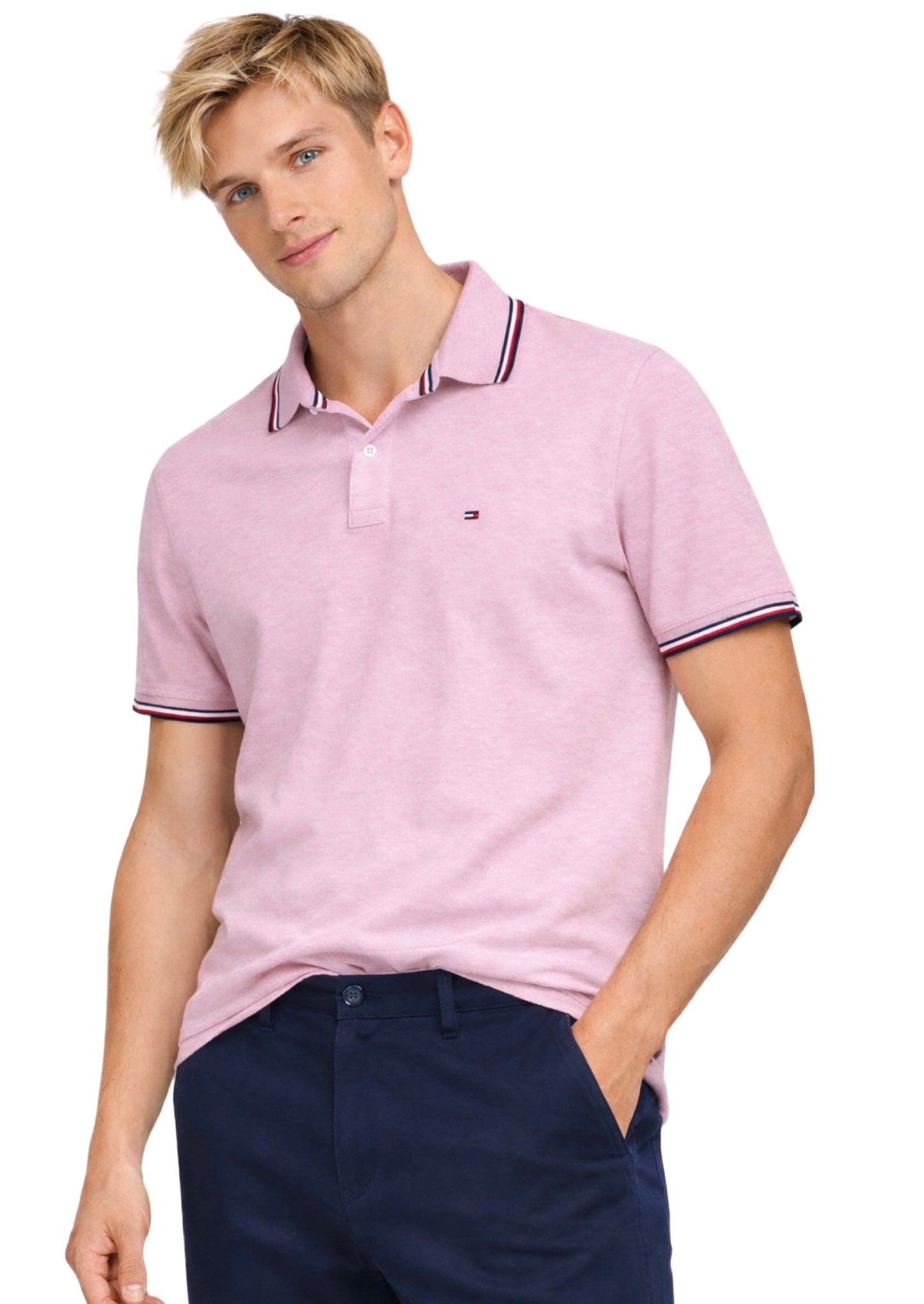 Camisa TH tipo polo, color rosa con rayas