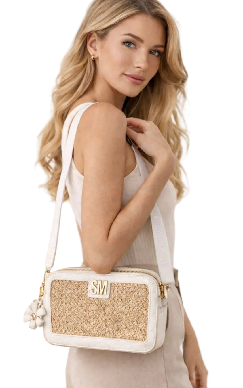 Bolso Steve Madden blanco con detalle en mimbre