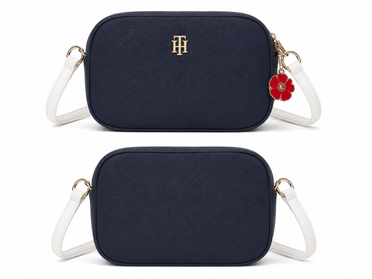 Bolso TH manos libres azul y blanco  con detalle de flor color rojo en corredera de zipper