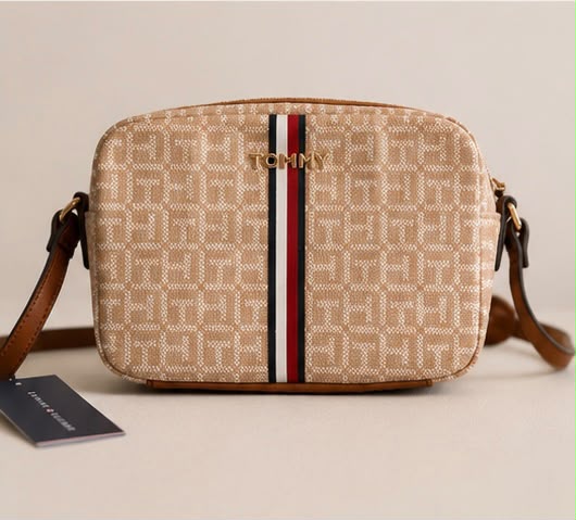 Bolso TH manos libres beige con camel y franjas estampadas