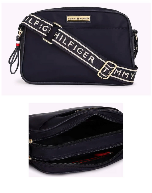 Bolso TH manos libres azul con print doble zipper