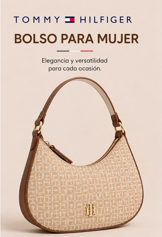 Bolso TH beige con estampado blanco con detalle camel