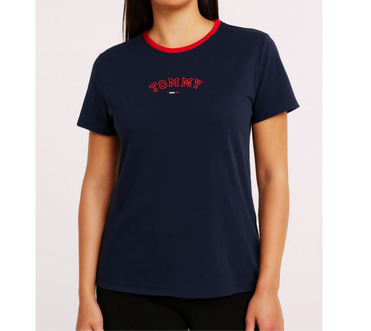 Blusa TH azul con cuello rojo