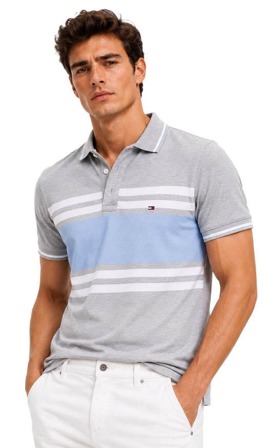 Camisa TH tipo polo gris franja celeste y blanco