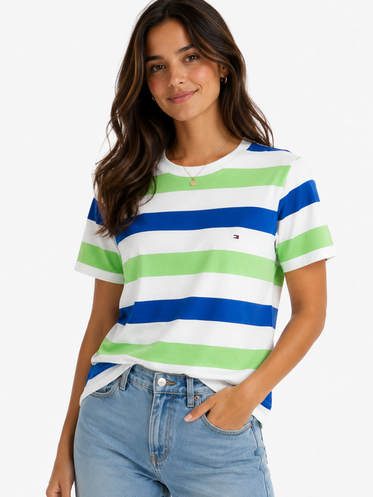 Blusa TH de rayas azul, verde y blanco