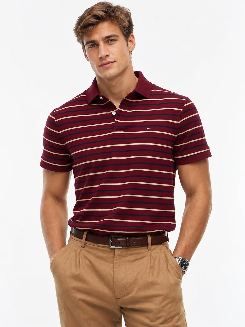 Camisa TH hombre tipo polo roja de rayas