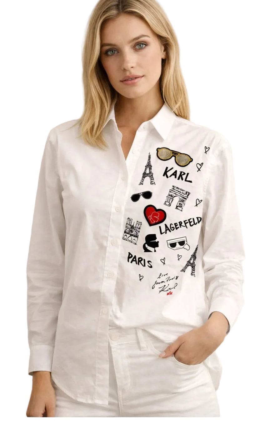 Blusa camisera Karl Lagerfeld blanca con estampado y bordado