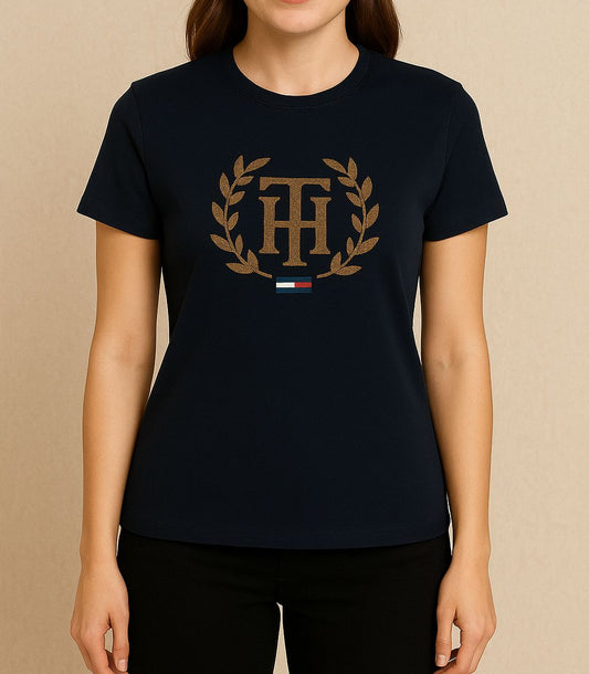 Blusa TH mujer azul con pedrería dorada