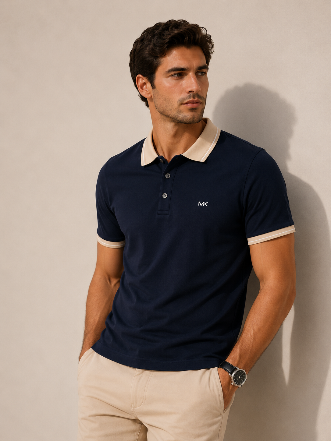 Camisa MK tipo polo azul con detalle en cuello y manga beige