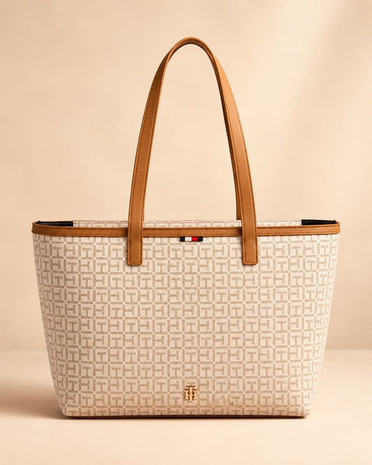 Bolso TH grande beige con estampado
