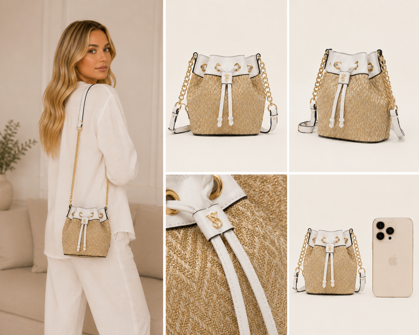 Bolso VS pequeño tipo mimbré dorado con blanco