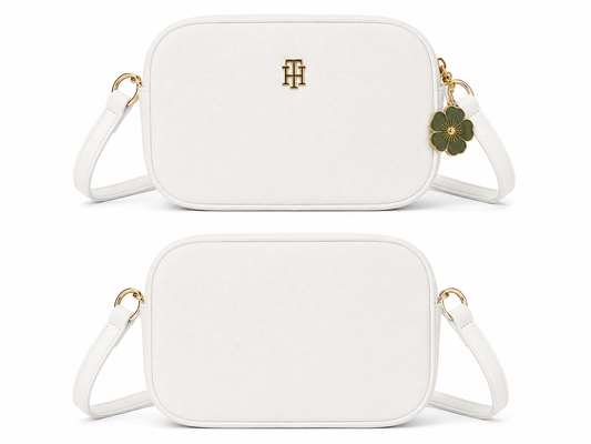 Bolso TH manos libres blanco con detalle de flor color verde olivo en corredera de zipper