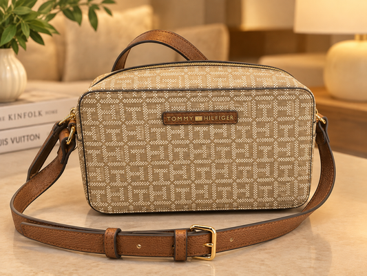 Bolso TH manos libres beige estampado