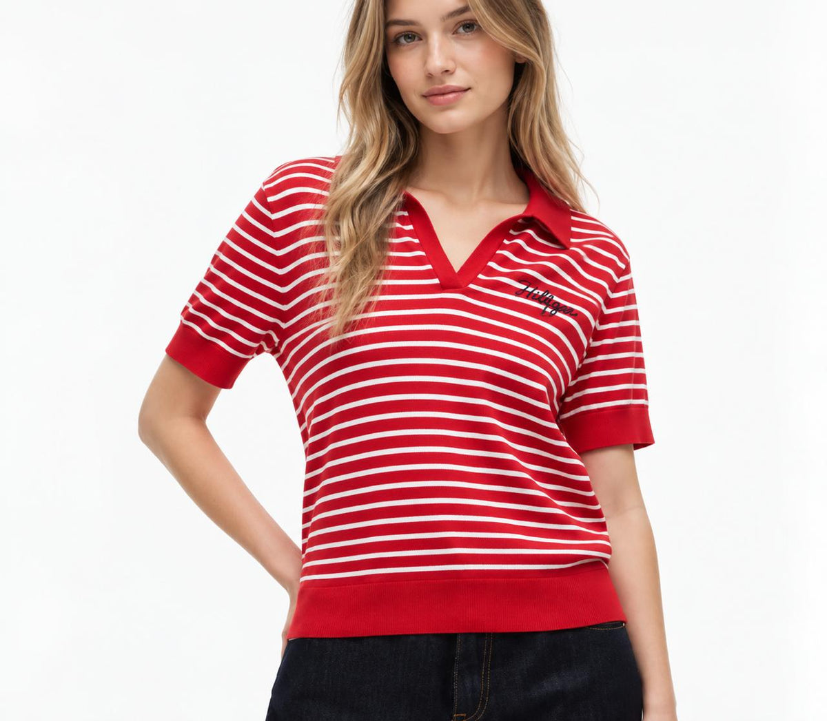 Blusa TH roja tipo polo de rayas