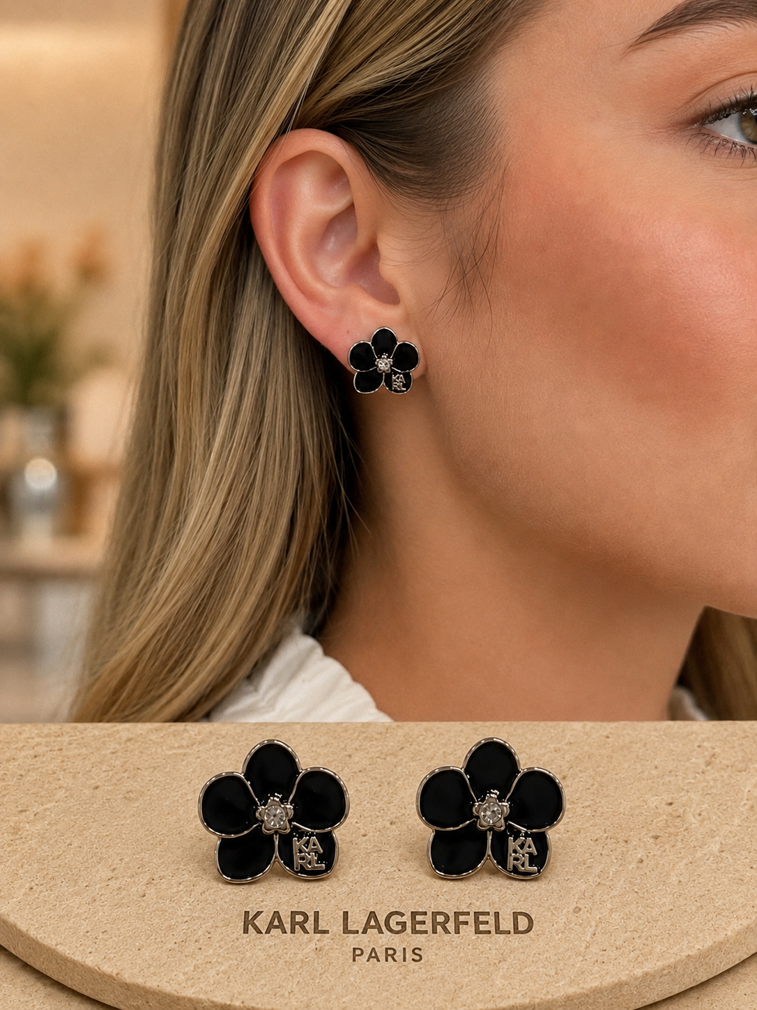 Aretes Karl Lagerfeld flor negro con plateado