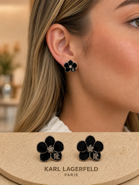 Aretes Karl Lagerfeld flor negro con plateado