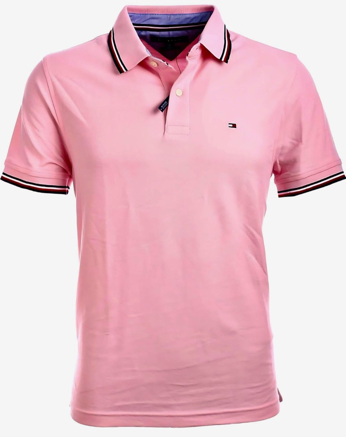 Camisa TH tipo polo rosa con fajas en cuello y manga