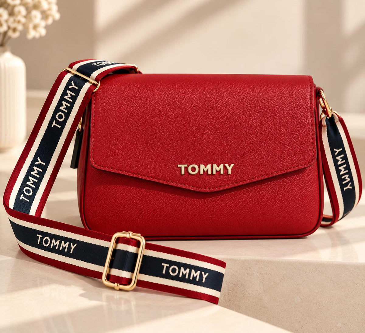 Bolso TH manos libres rojo con tira estampada