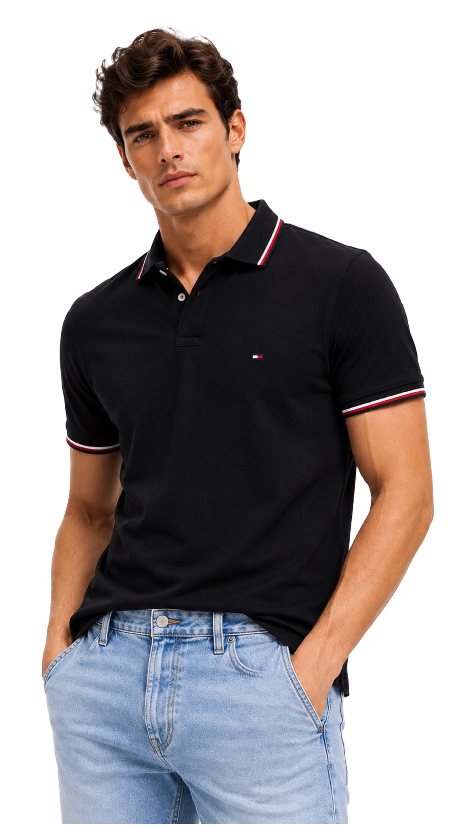Camisa TH tipo polo negra con franjas en mangas y cuello