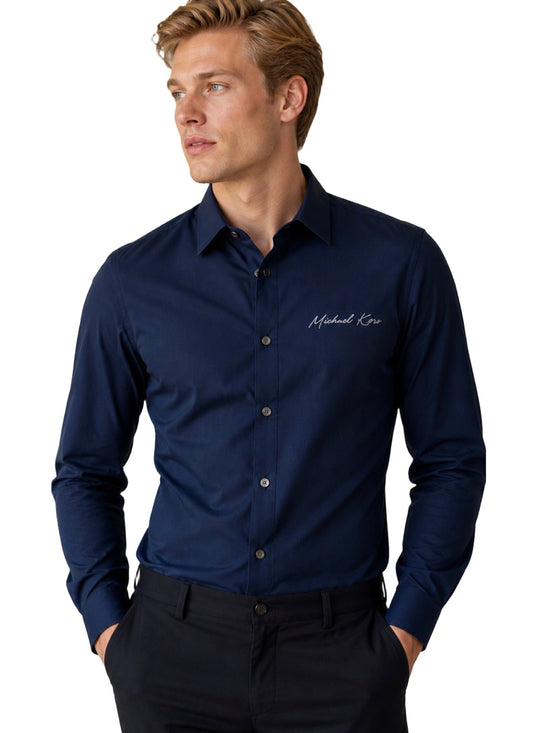 Camisa MK Slim fit azul marino manga larga con firma bordada