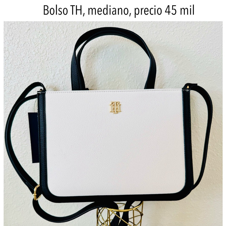 Bolso Manos Libres TH mediano blanco con negro mujer