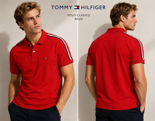 Camisa TH hombre tipo polo roja con detalles en los hombros
