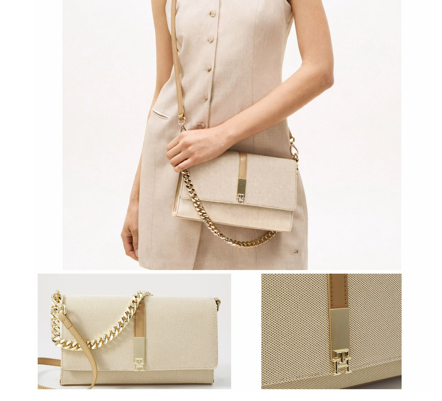 Bolso TH manos libres Beige con detalles dorados