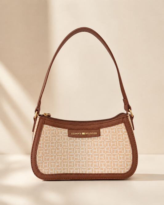 Bolso TH beige con estampado y detalles en cafe