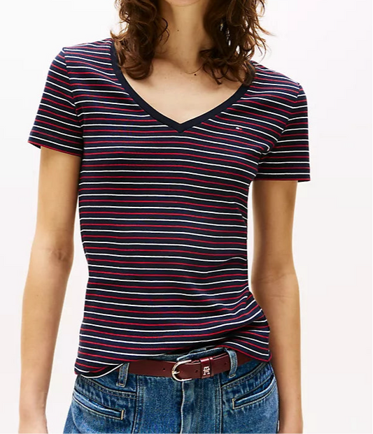 Blusa TH cuello V negra con rayas