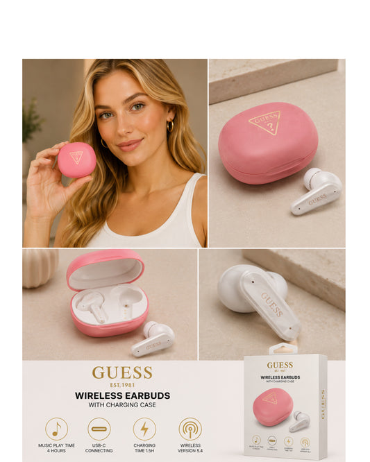 Audifonos Guess Bluetooth blancos con dorado estuche rosado