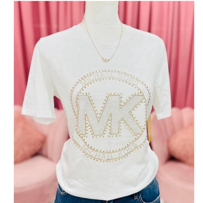 Blusa Mk blanco con brillantes dorados