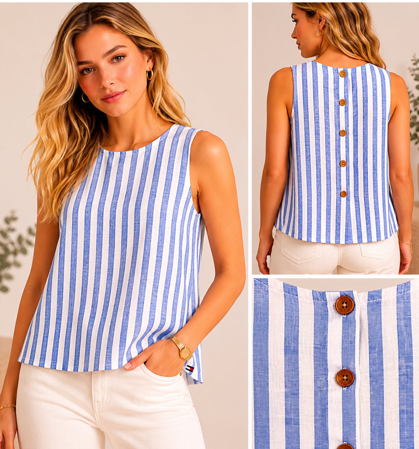 Blusa TH sin mangas de rayas celeste con detalle de botones en espalda
