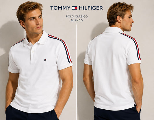 Camisa TH hombre tipo polo blanca con detalles en los hombros