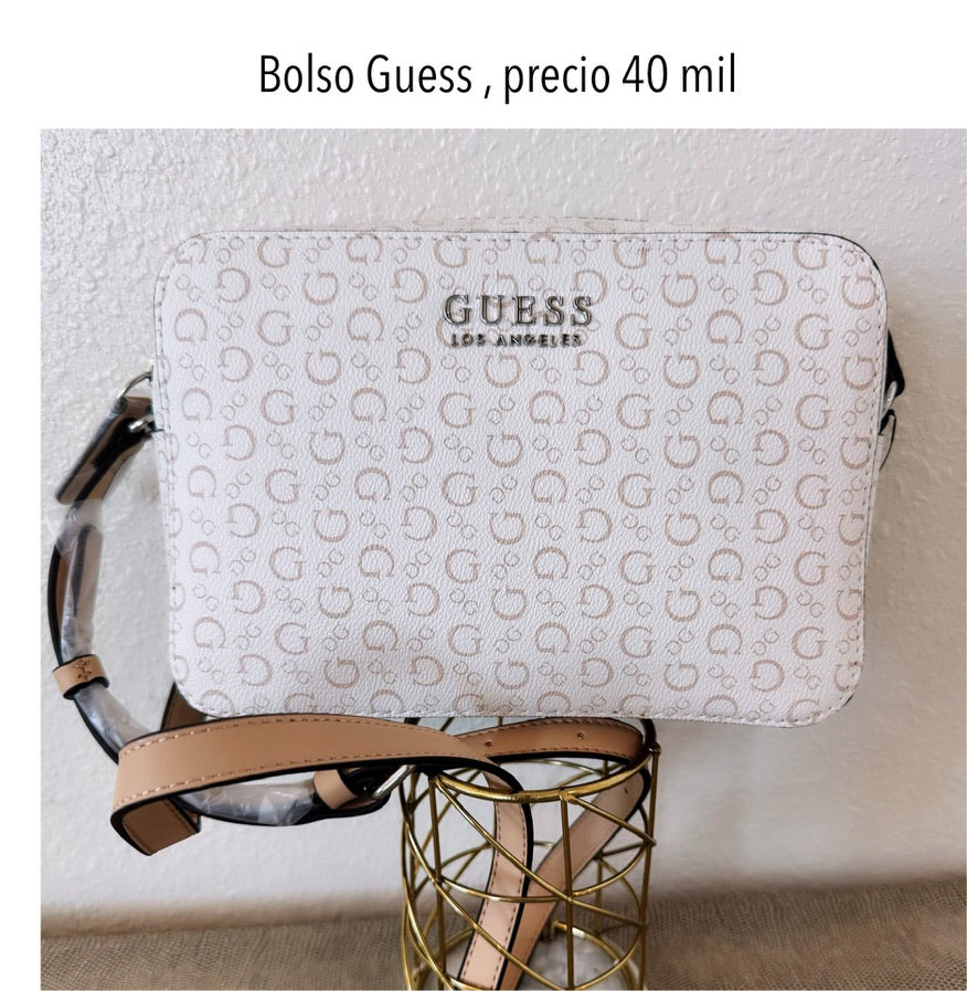 Bolso Manos Libres Guess blanco beige estampado mujer