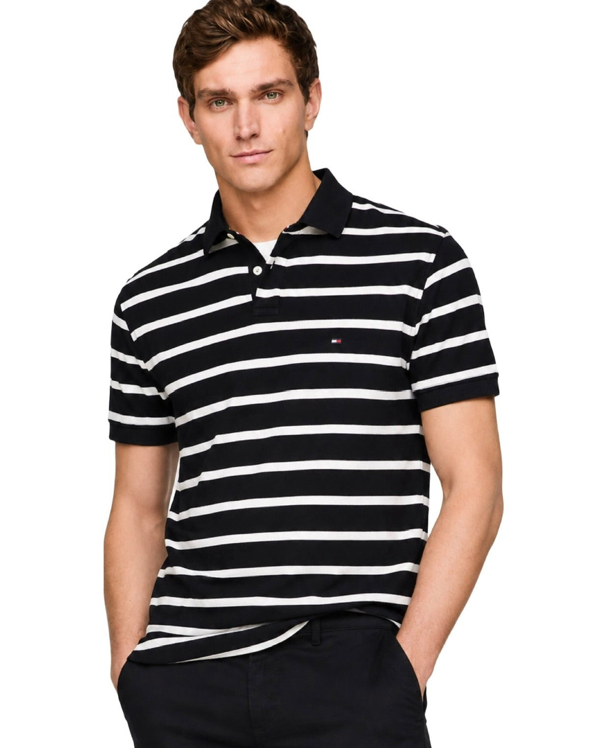 Camisa TH tipo polo azul con rayas en blanco