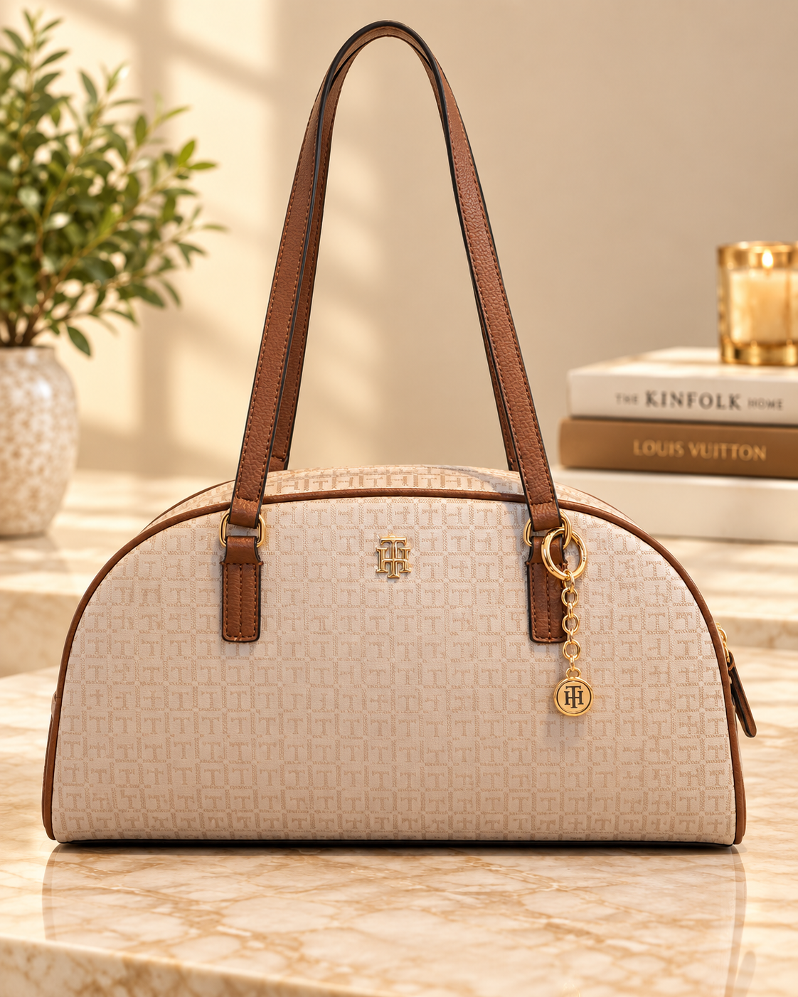 Bolso TH Shoulder beige estampado