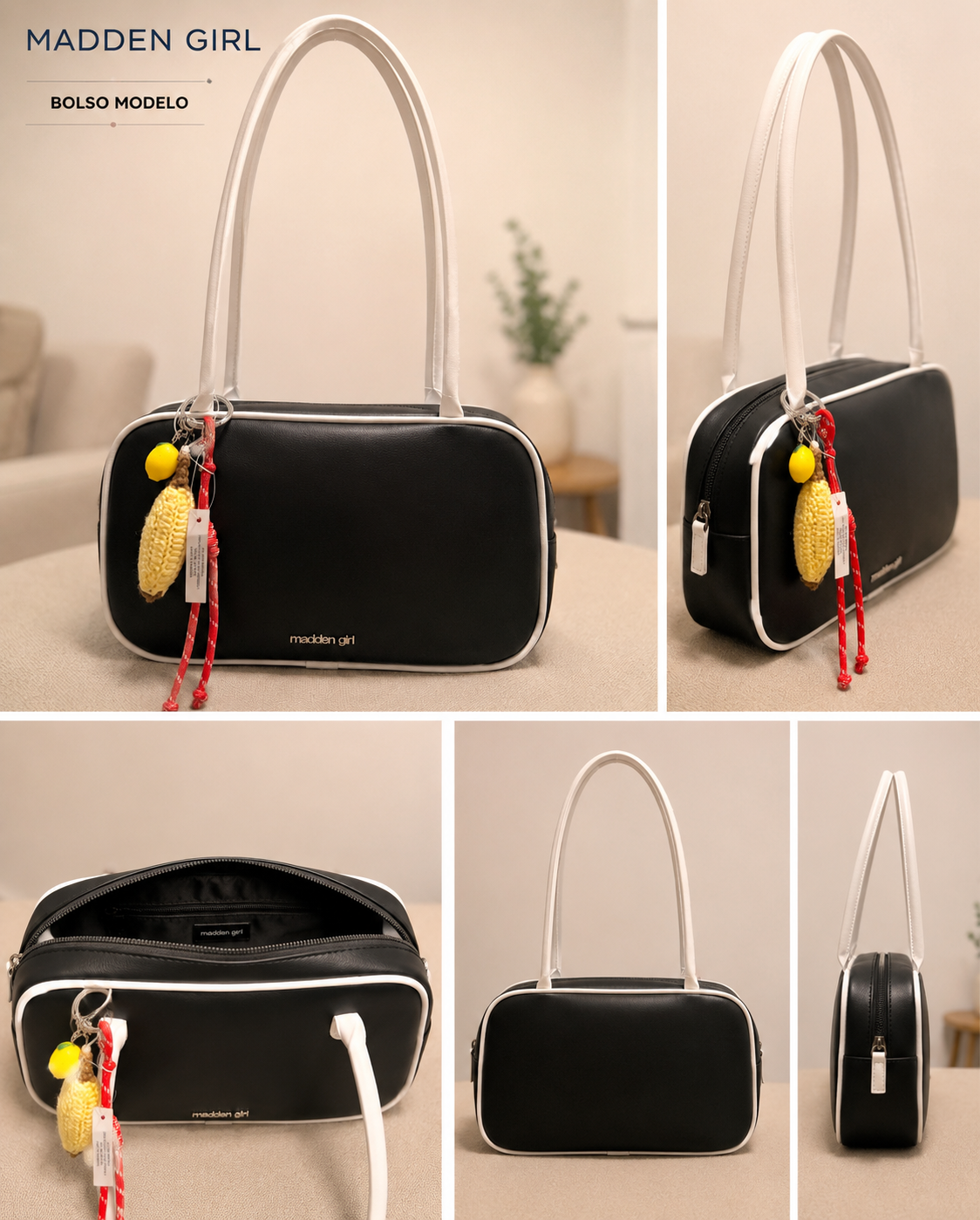 Bolso Madden Girl negro con detalles en blanco y llavero tejido