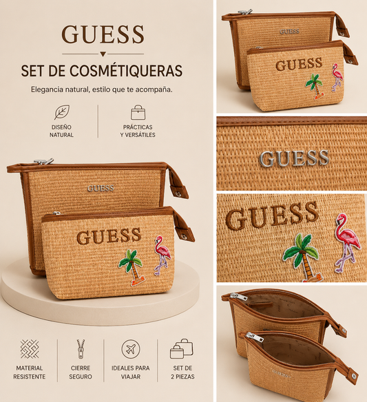 Set cosmetiquera Guess de mimbre con detalle bordado