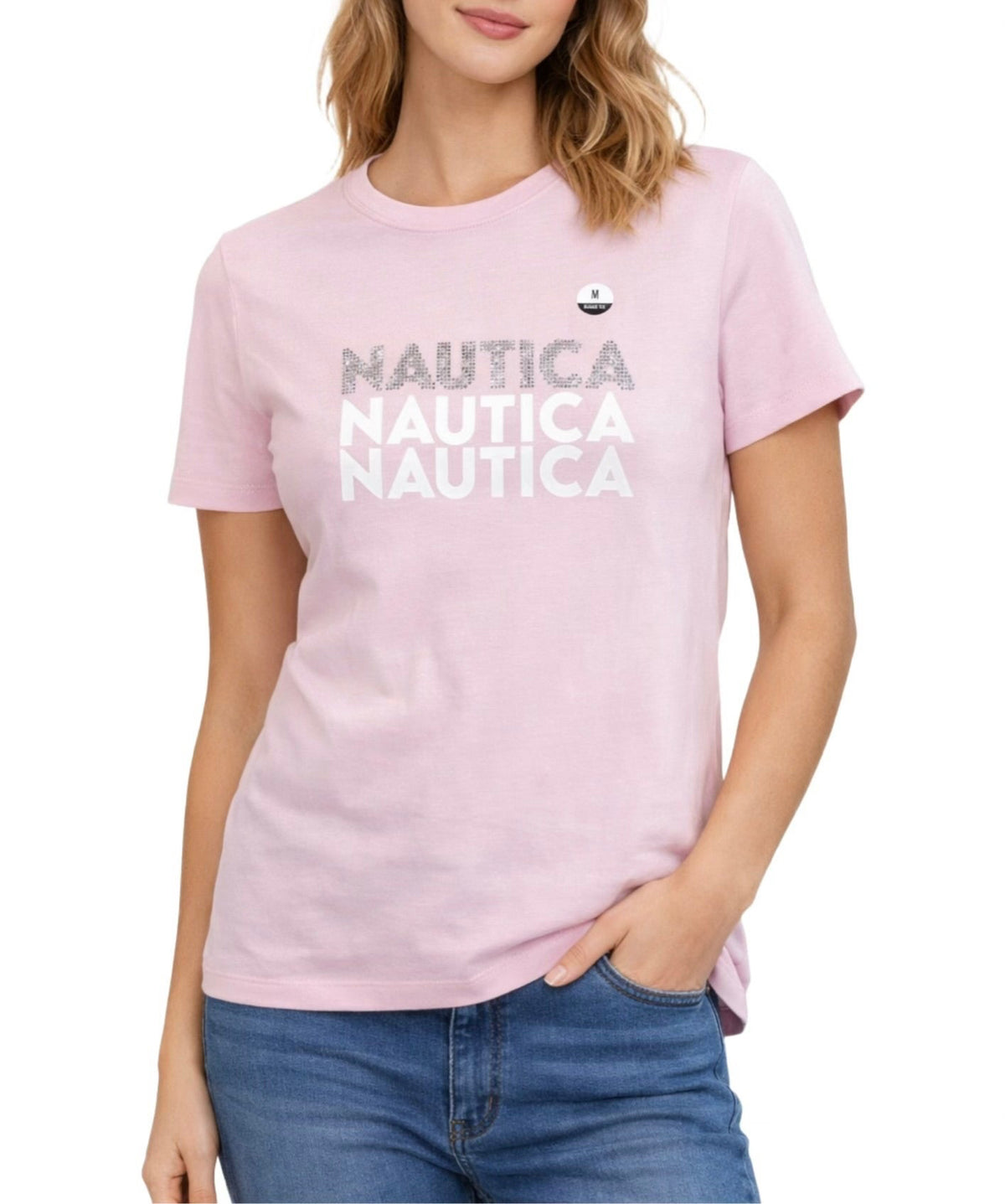 Blusa Nautica rosada con estampado blanco y plateado