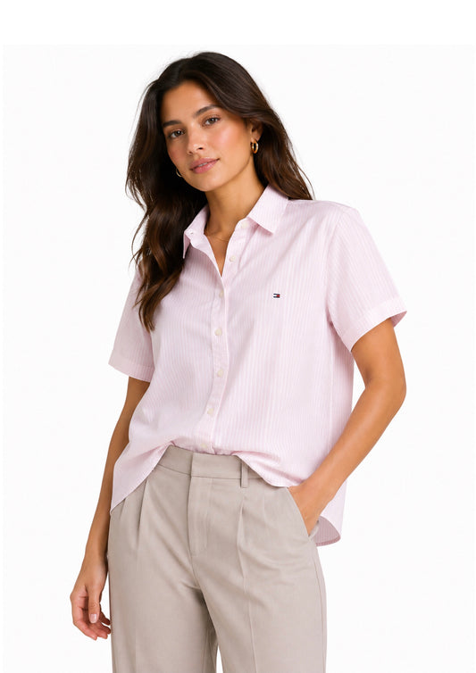 Blusa camisera TH manga corta rosada pastel rayas blancas