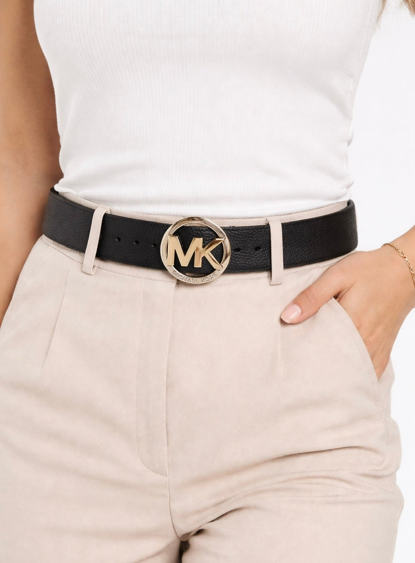 Faja reversible  MK mujer negro hebilla plateado y dorado