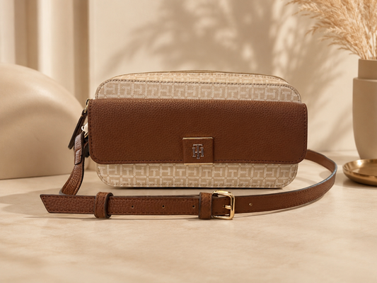 Bolso TH manos libres beige estampado
