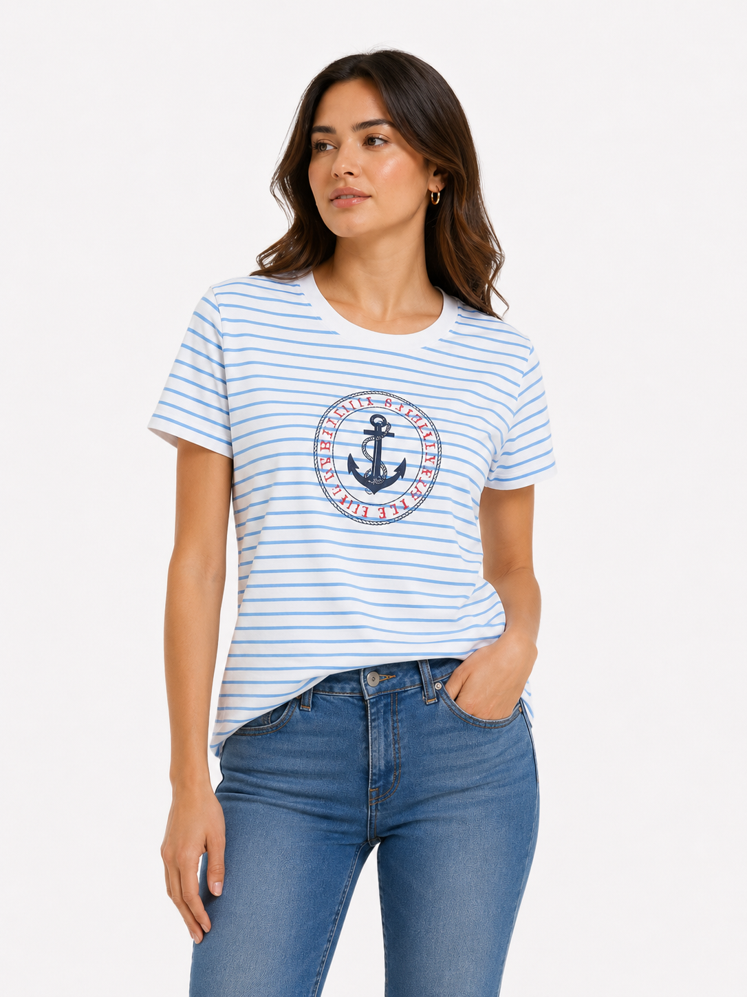Blusa Náutica blanca con rayas celeste y estampado