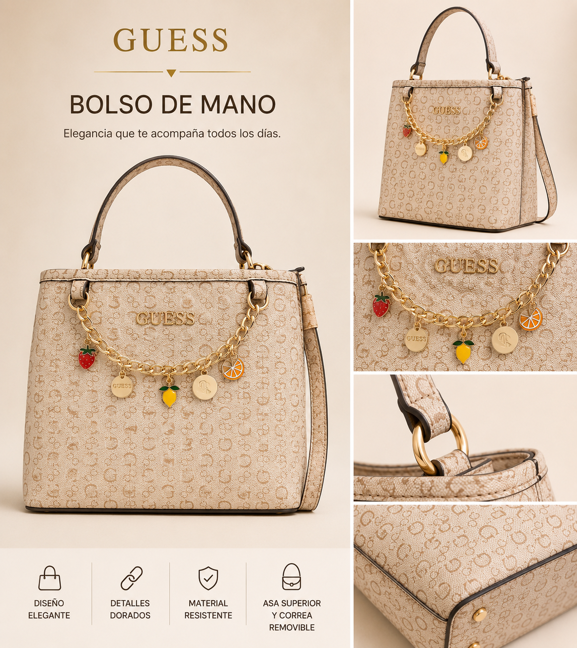 Bolso Guess beige con adornos colgantes
