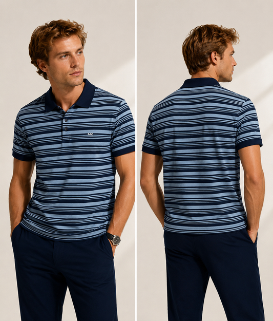Camisa MK tipo polo rayas celestes con azul