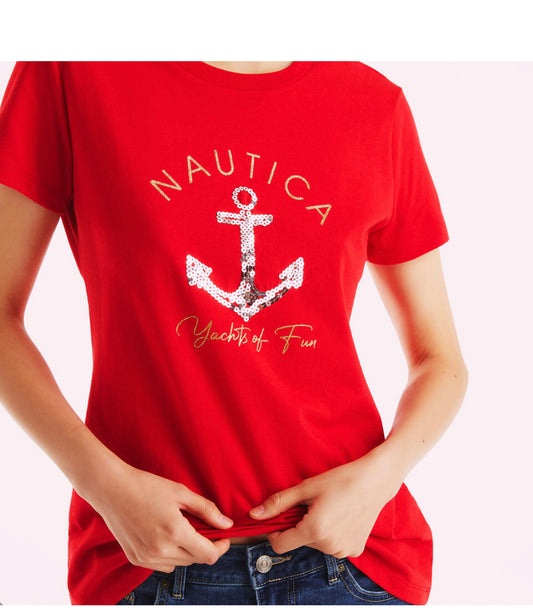 Blusa Nautica rojo lentejuelas dorado mujer