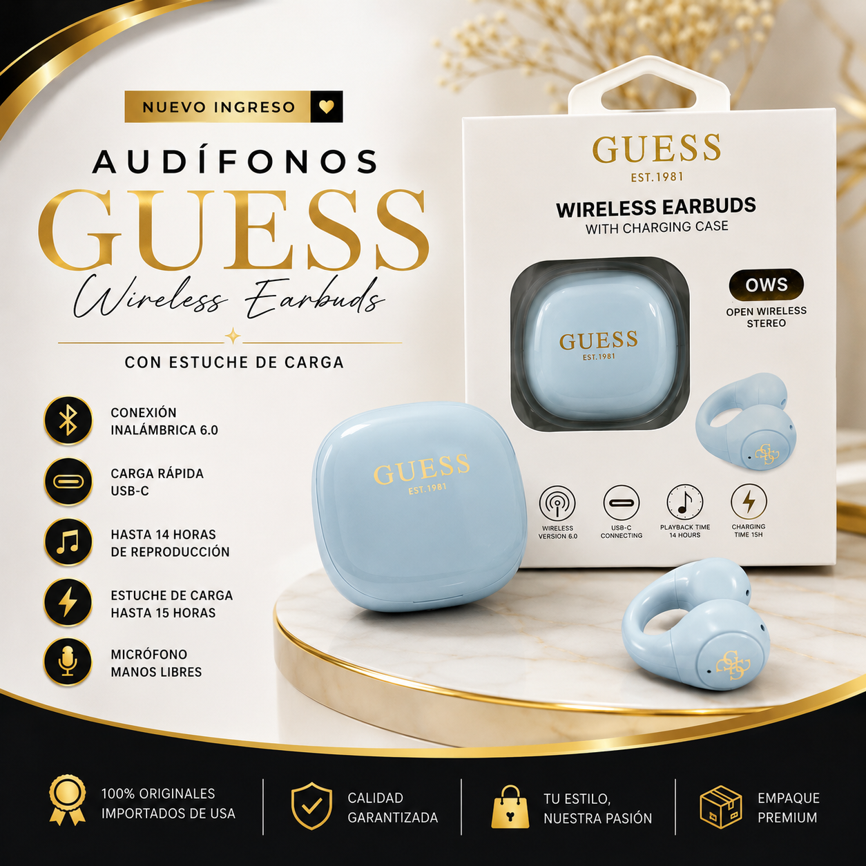 Audifonos Guess Bluetooth celestes
