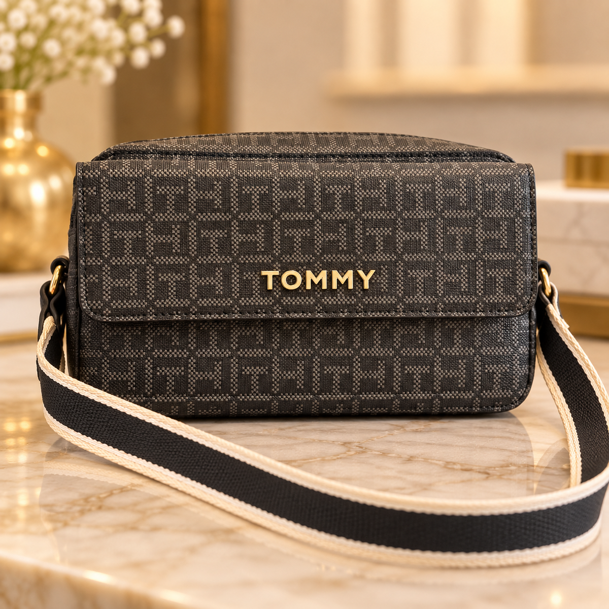 Bolso TH manos libres gris con negro tiras estampadas